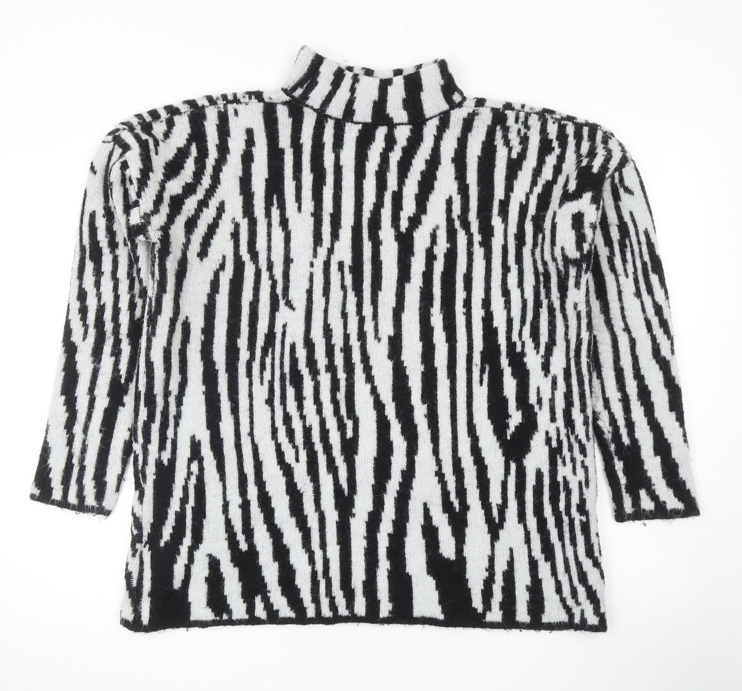 Warehouse Womens Black Mock Neck Animal Print Acrylic Pullover Jumper Size 8 - Zebra Pattern