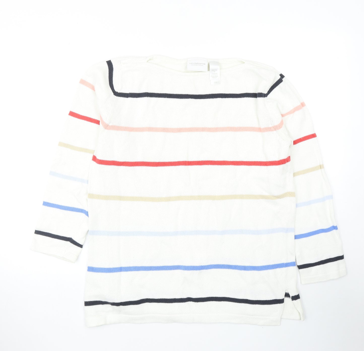 Liz Claiborne Womens White Boat Neck Striped Cotton Pullover Jumper Size M