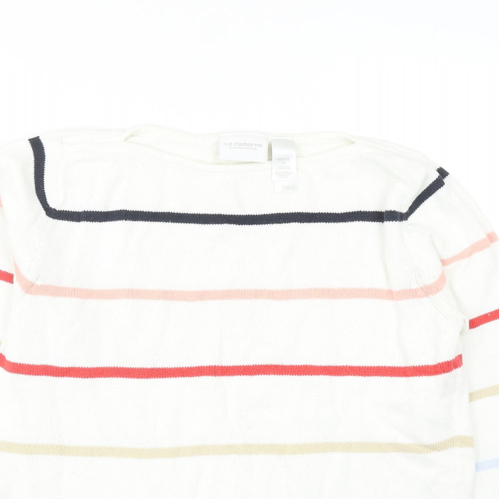 Liz Claiborne Womens White Boat Neck Striped Cotton Pullover Jumper Size M