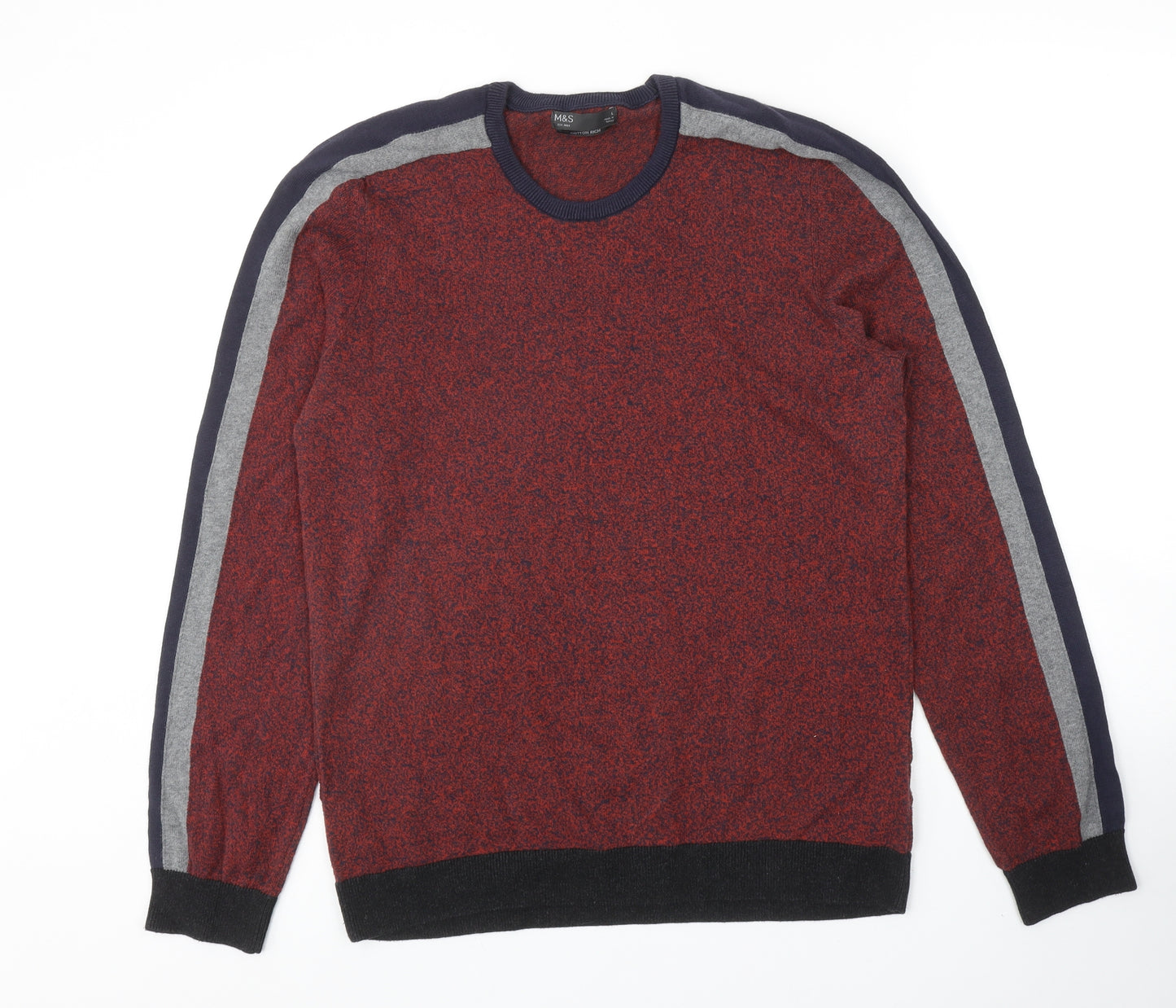 Marks and Spencer Mens Red Round Neck Cotton Pullover Jumper Size L Long Sleeve