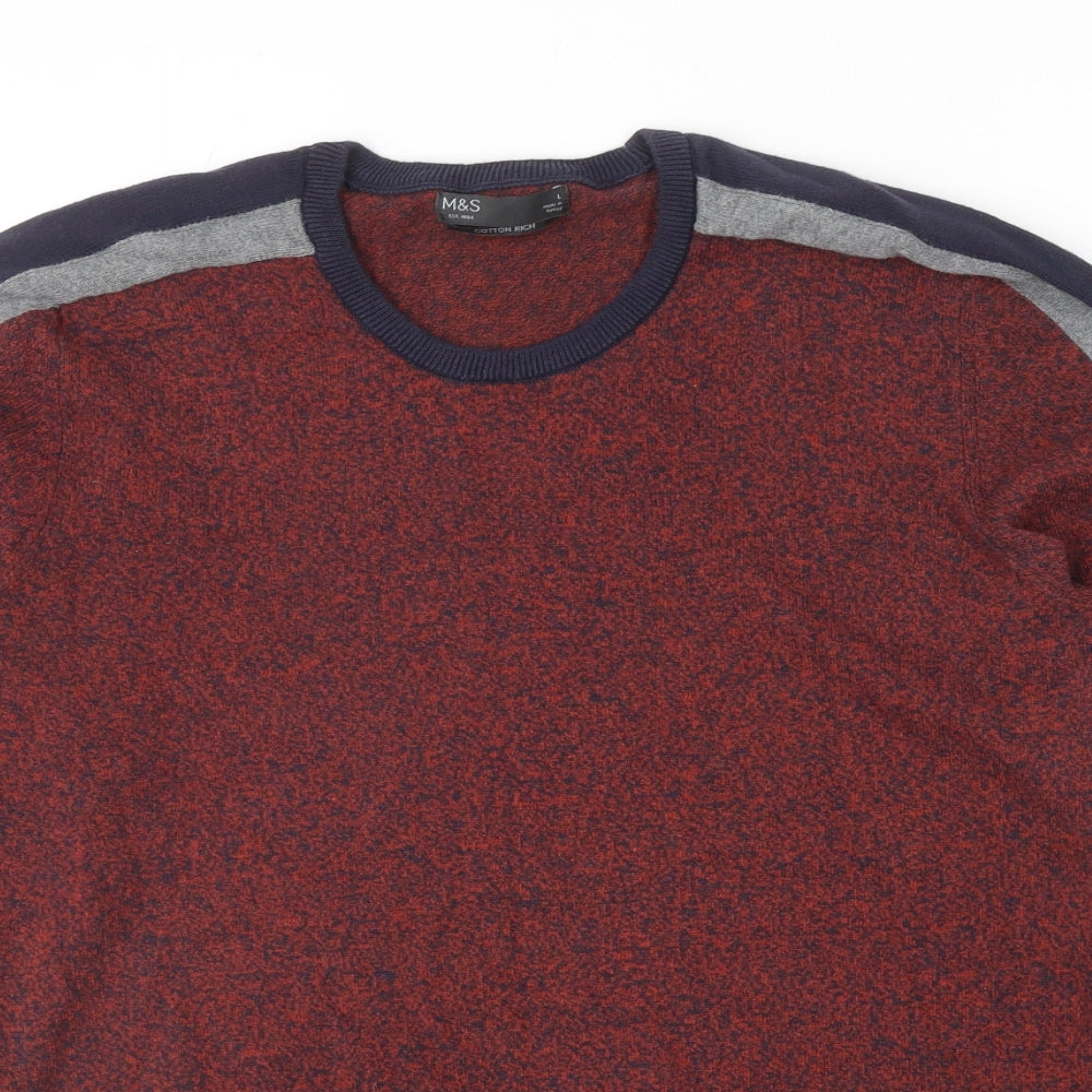 Marks and Spencer Mens Red Round Neck Cotton Pullover Jumper Size L Long Sleeve
