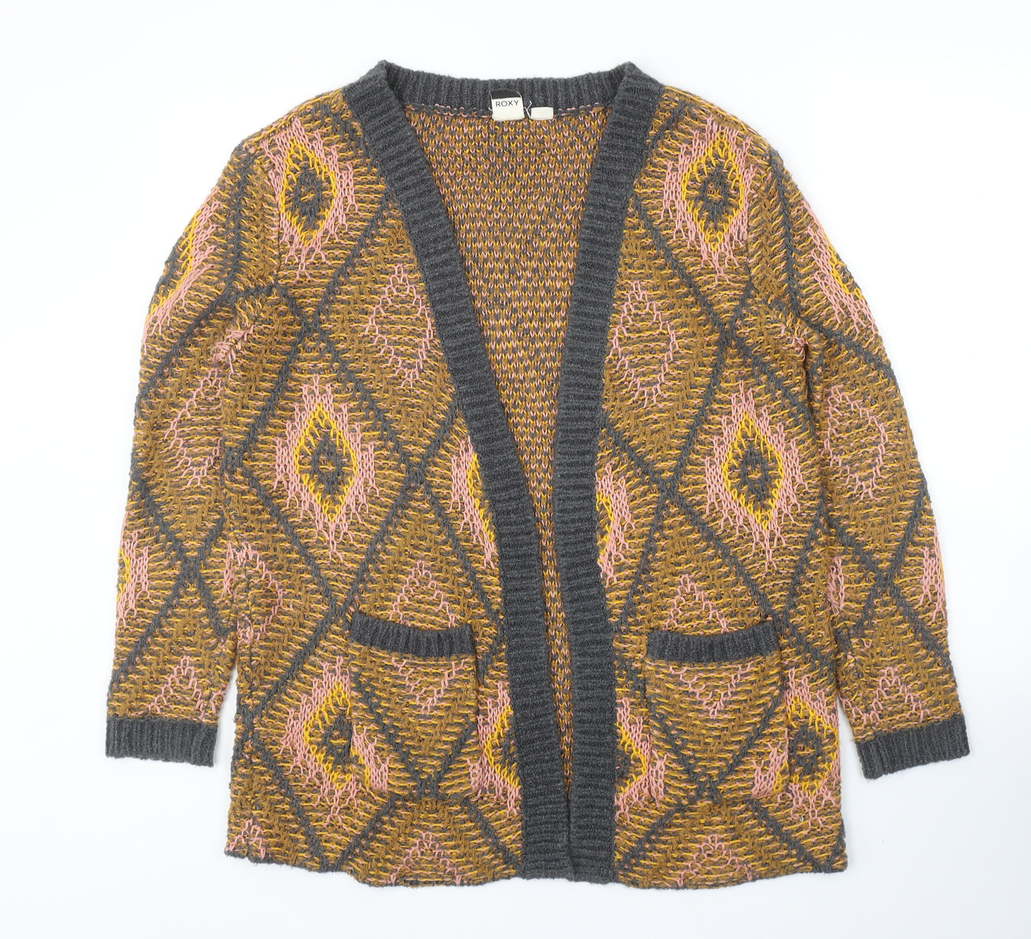 ROXY Womens Brown V-Neck Geometric Acrylic Cardigan Jumper Size 8
