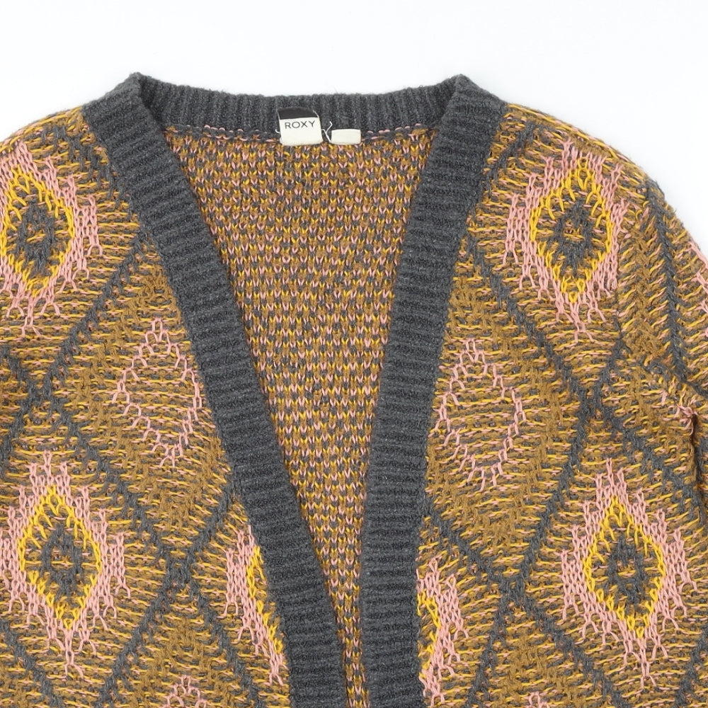 ROXY Womens Brown V-Neck Geometric Acrylic Cardigan Jumper Size 8
