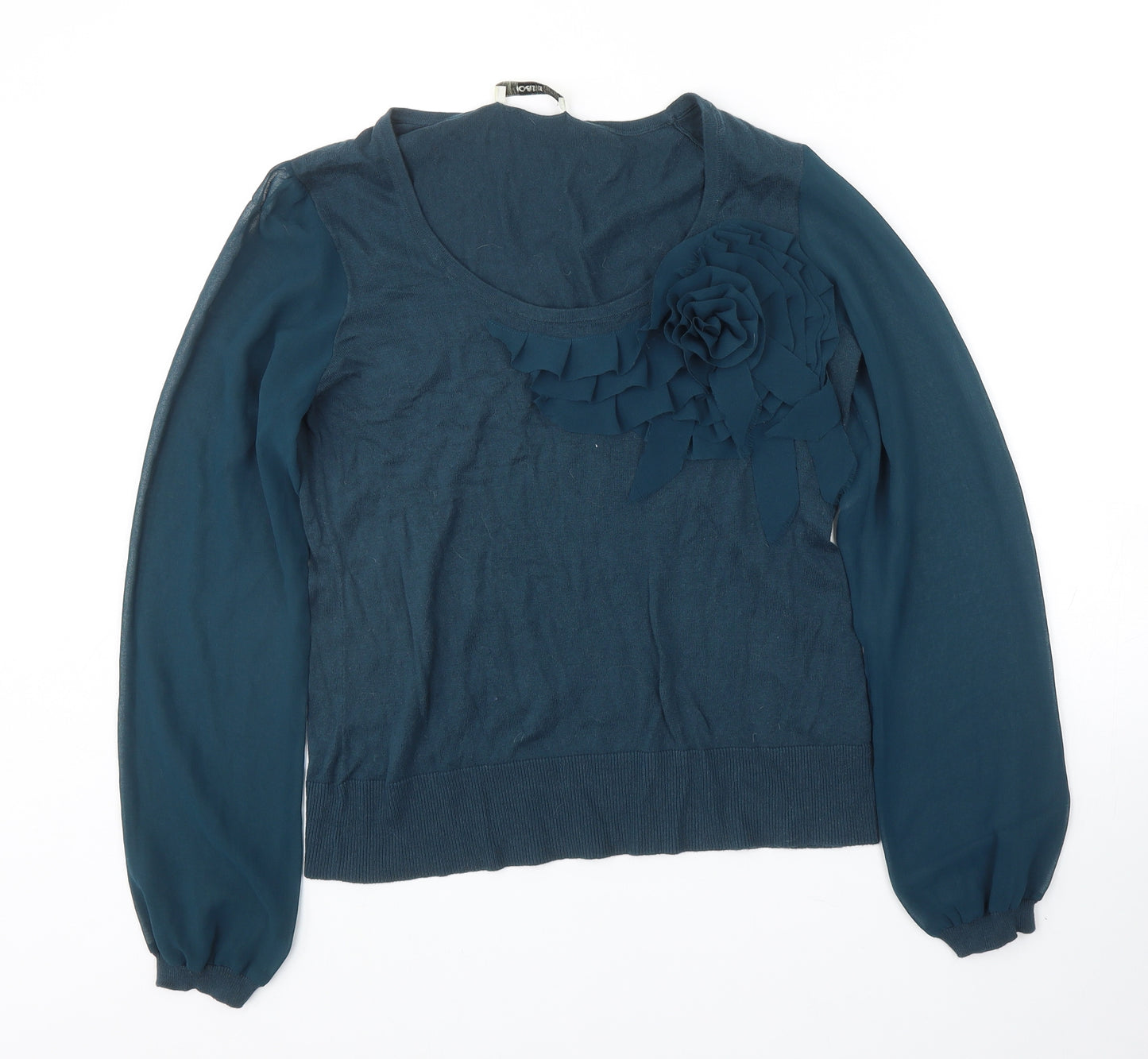 Oasis Womens Blue Scoop Neck Cotton Pullover Jumper Size L - Flower Detail