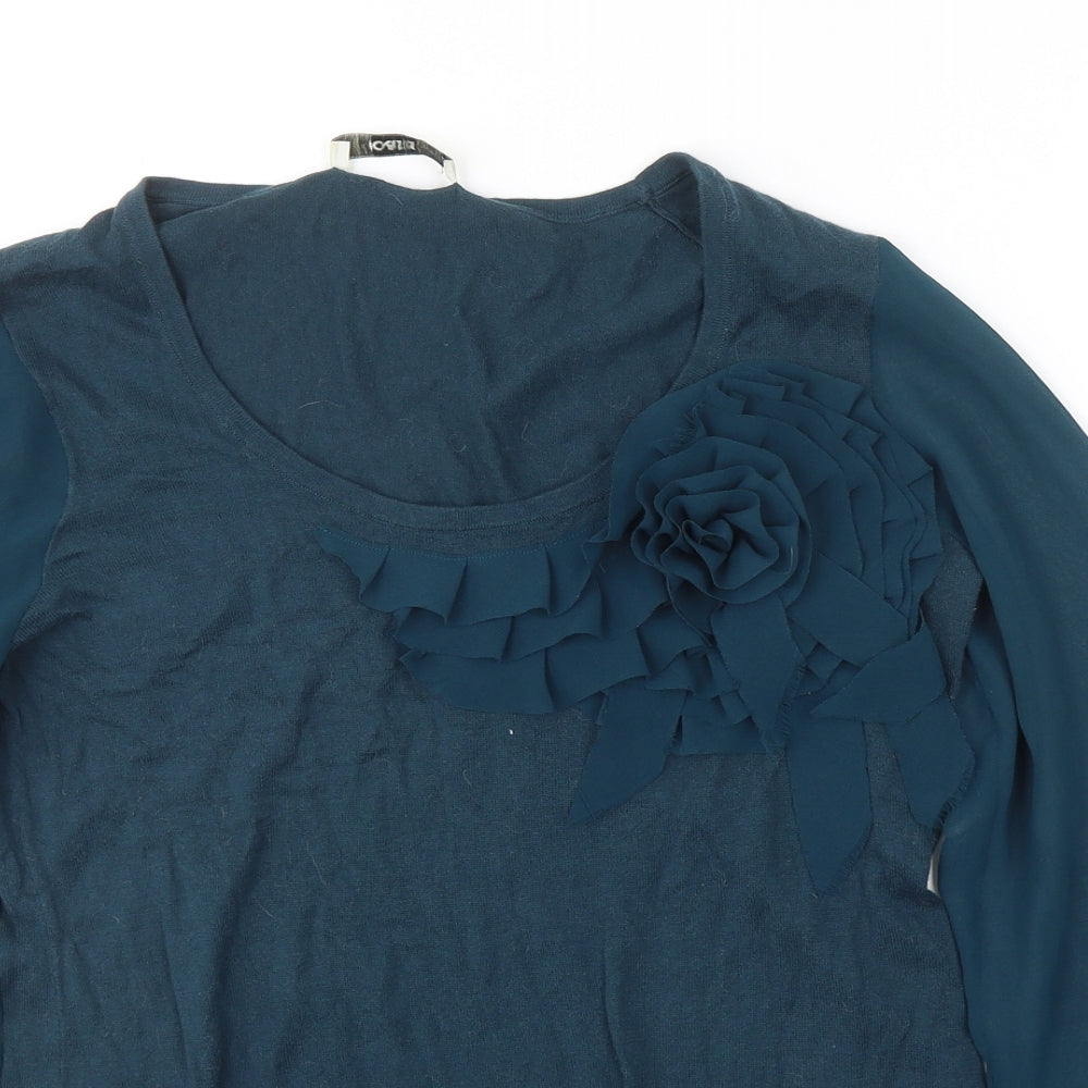 Oasis Womens Blue Scoop Neck Cotton Pullover Jumper Size L - Flower Detail