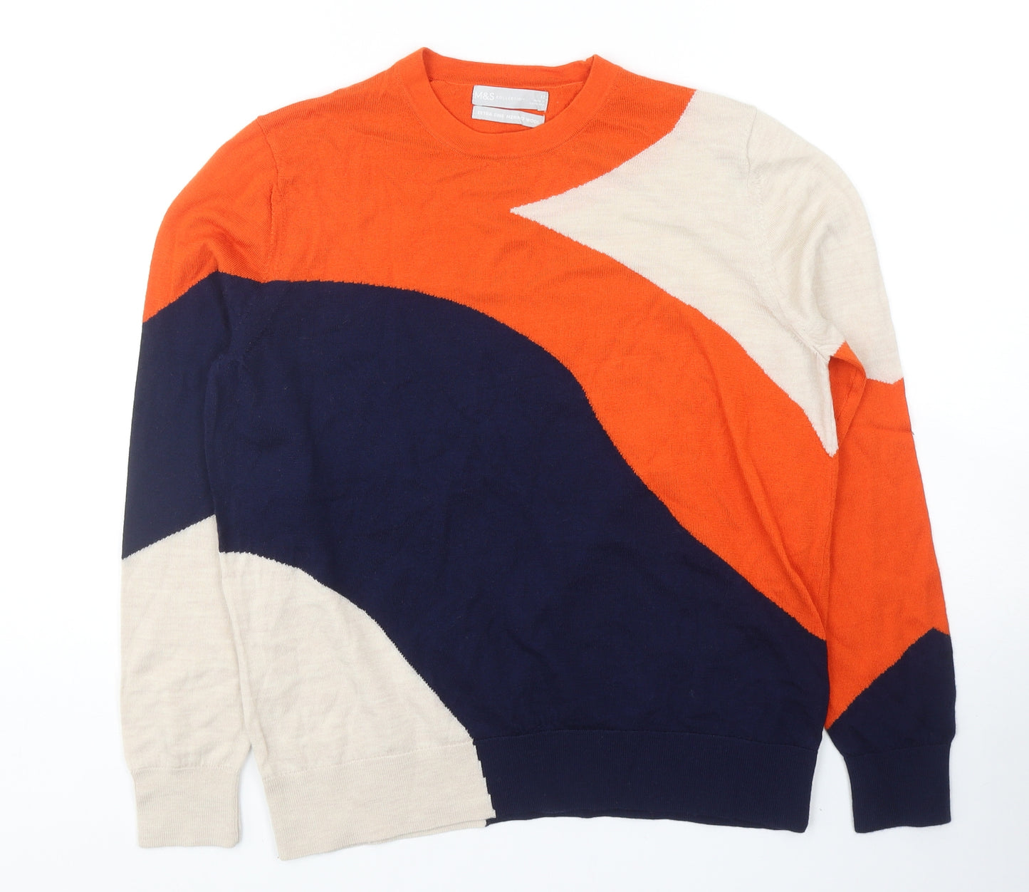 Marks and Spencer Womens Multicoloured Round Neck Wool Pullover Jumper Size 12 - Colourblock