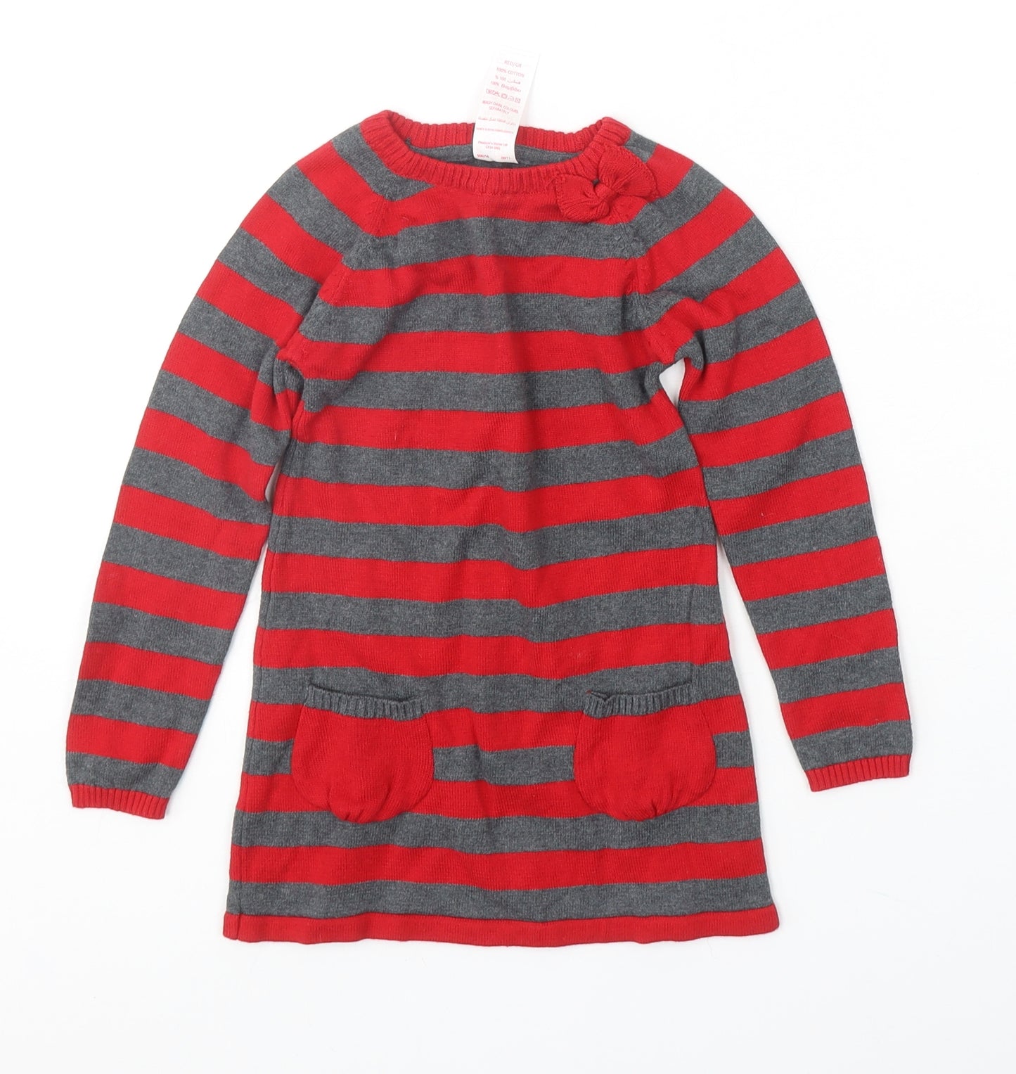 E-vie Girls Red Striped Cotton Jumper Dress Size 2-3 Years Round Neck Pullover