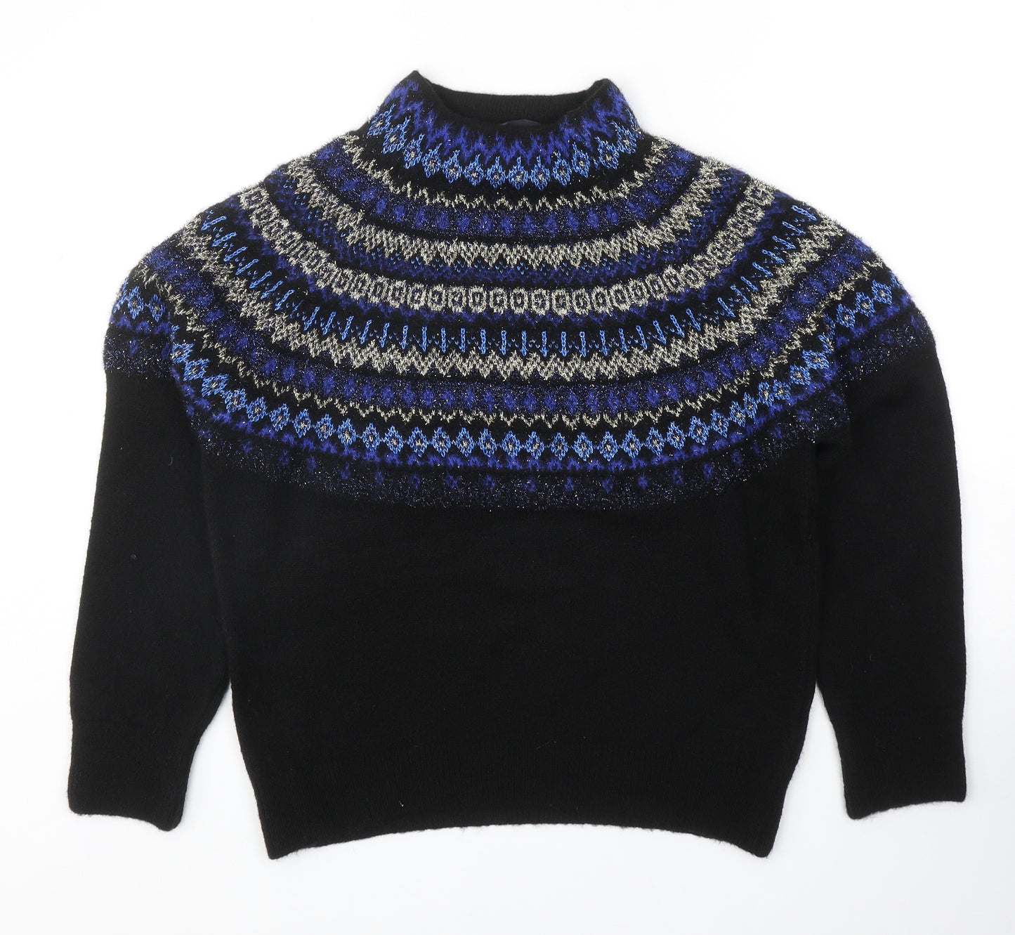 Marks and Spencer Womens Black Mock Neck Fair Isle Acrylic Pullover Jumper Size M
