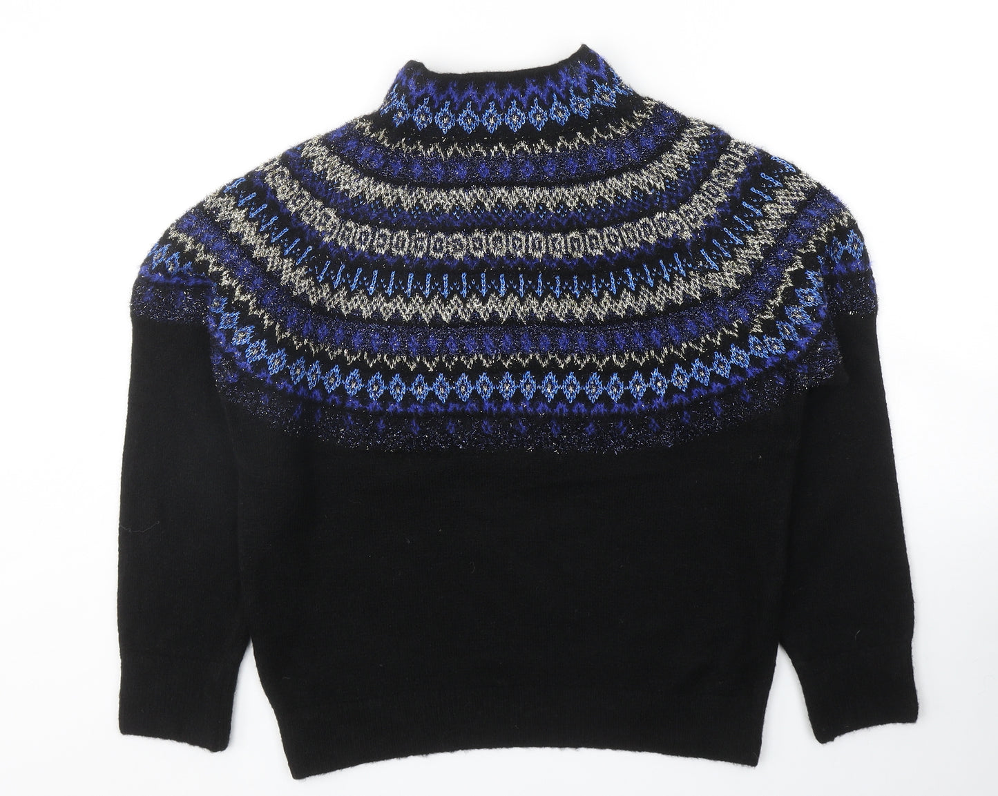 Marks and Spencer Womens Black Mock Neck Fair Isle Acrylic Pullover Jumper Size M