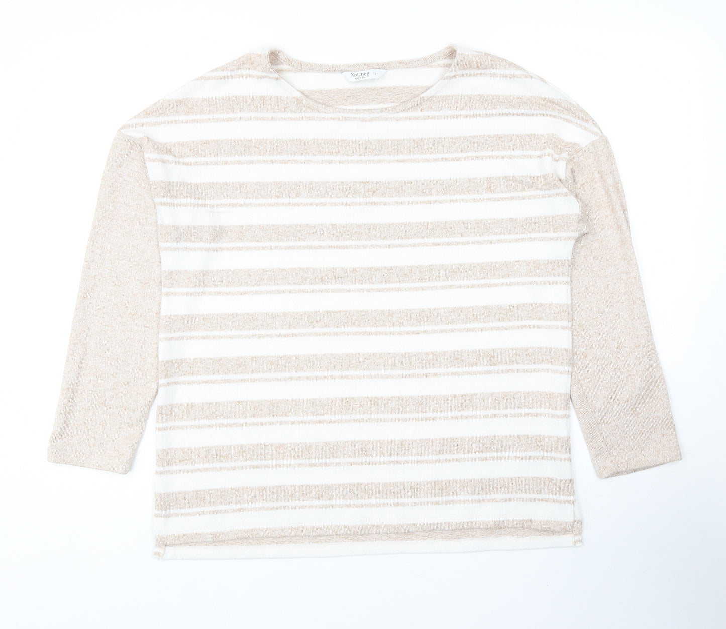 Nutmeg Womens Beige Striped Polyester Basic Blouse Size 12 Scoop Neck