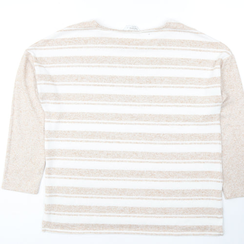 Nutmeg Womens Beige Striped Polyester Basic Blouse Size 12 Scoop Neck