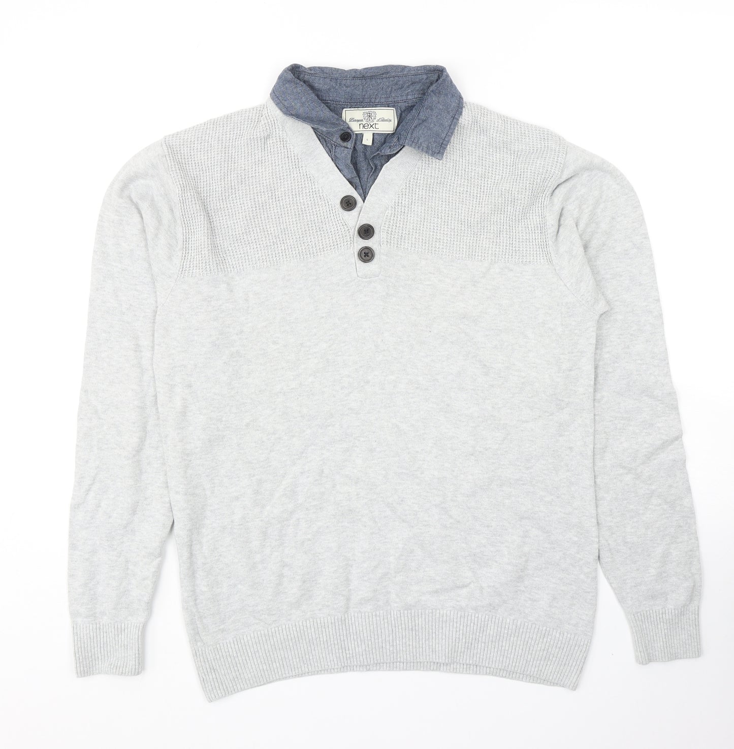 NEXT Mens Grey Collared Cotton Pullover Jumper Size L Long Sleeve - Denim Shirt Collar Insert