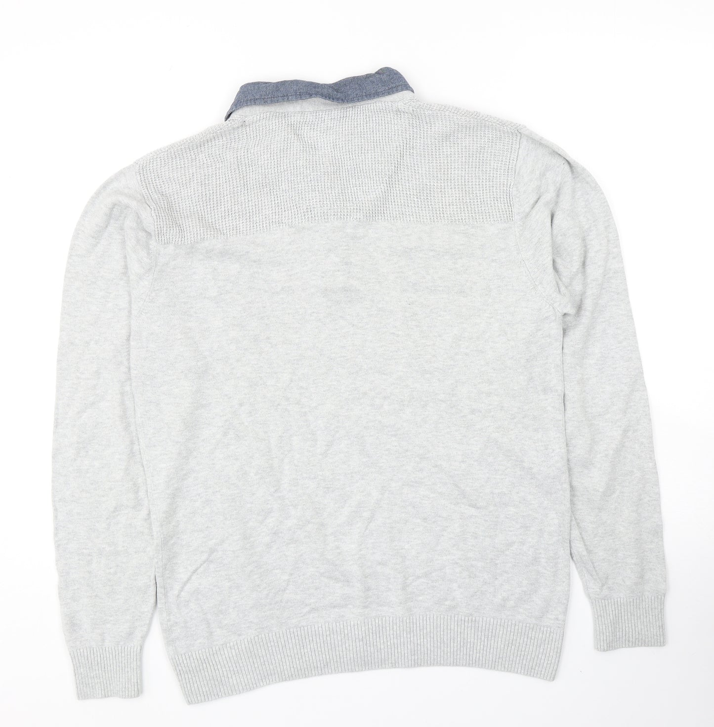 NEXT Mens Grey Collared Cotton Pullover Jumper Size L Long Sleeve - Denim Shirt Collar Insert
