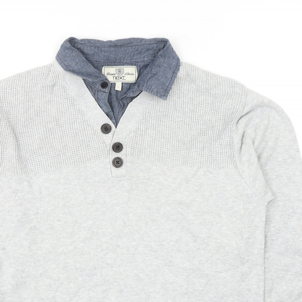 NEXT Mens Grey Collared Cotton Pullover Jumper Size L Long Sleeve - Denim Shirt Collar Insert
