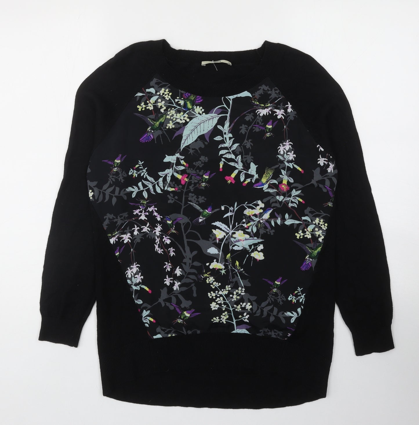 Oasis Womens Black Round Neck Floral Cotton Pullover Jumper Size M