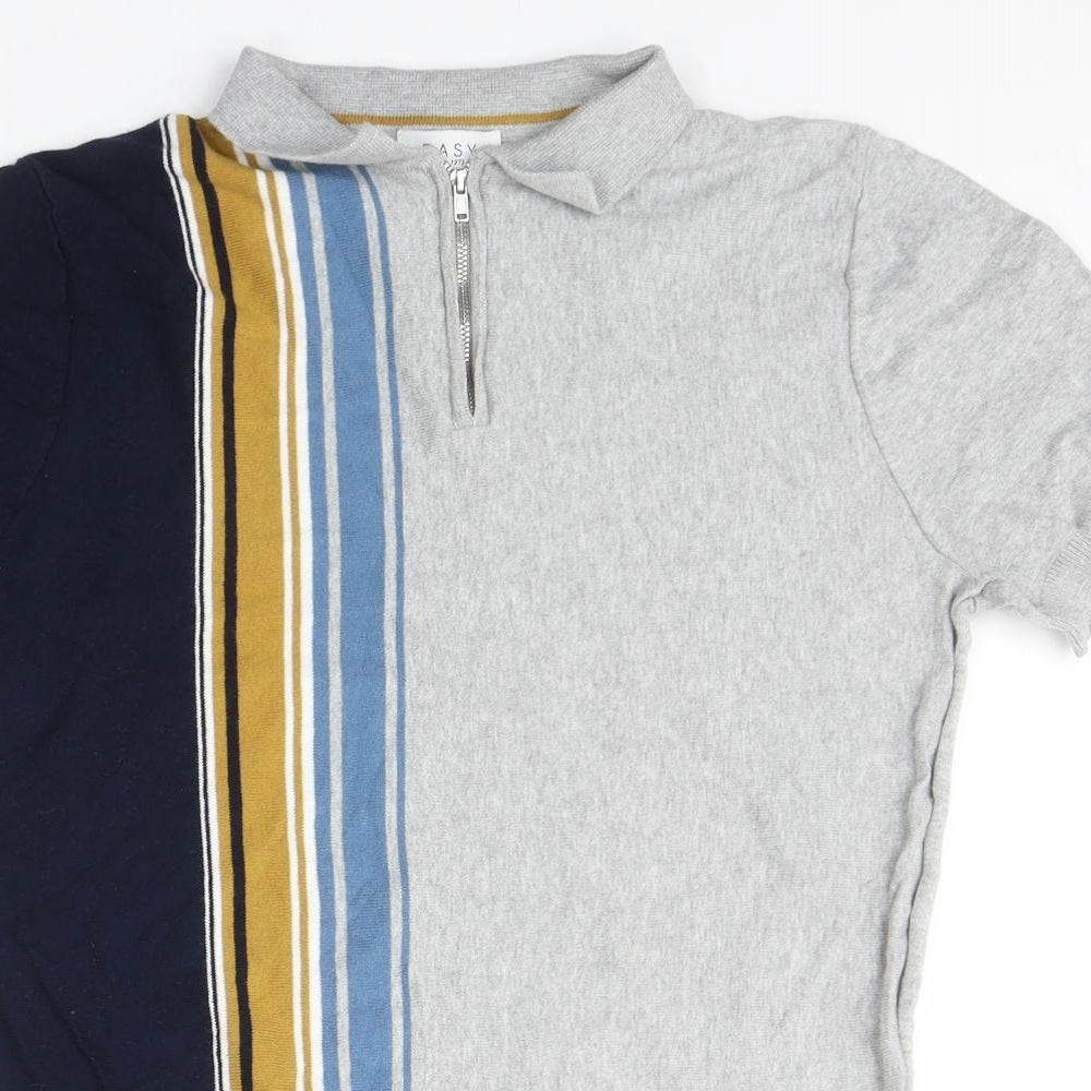Easy Mens Grey Striped Cotton Polo Size M Collared Pullover