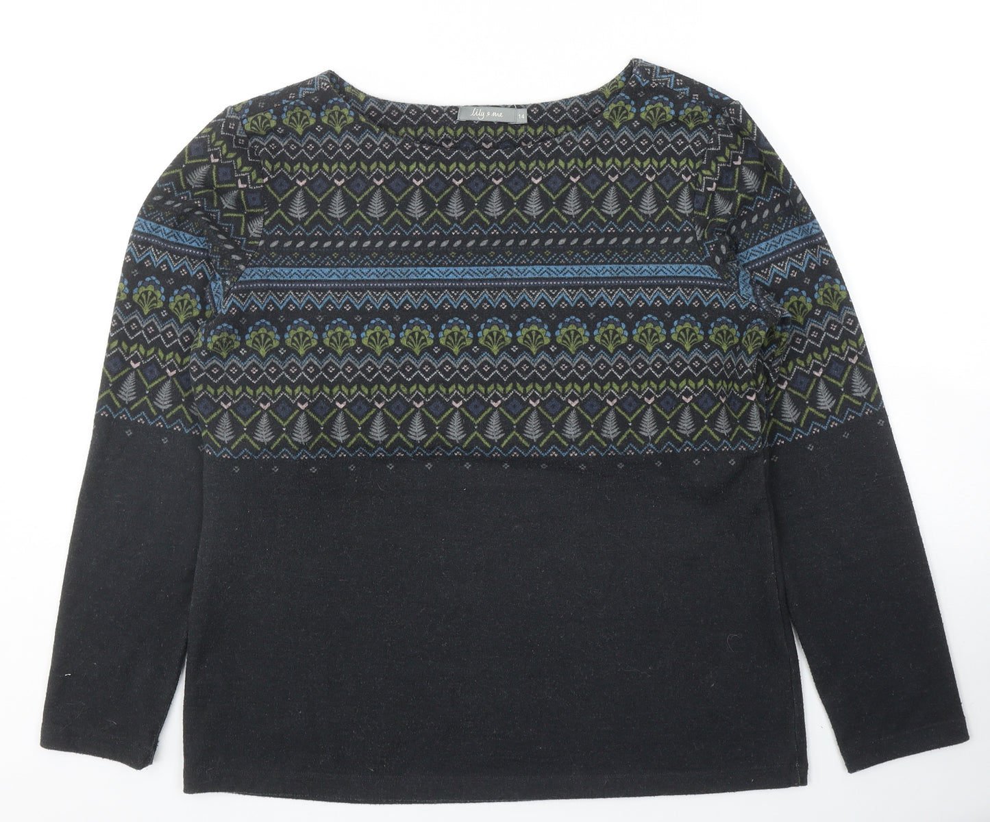 Lily & Me Womens Black Round Neck Fair Isle Polyester Pullover Jumper Size 14