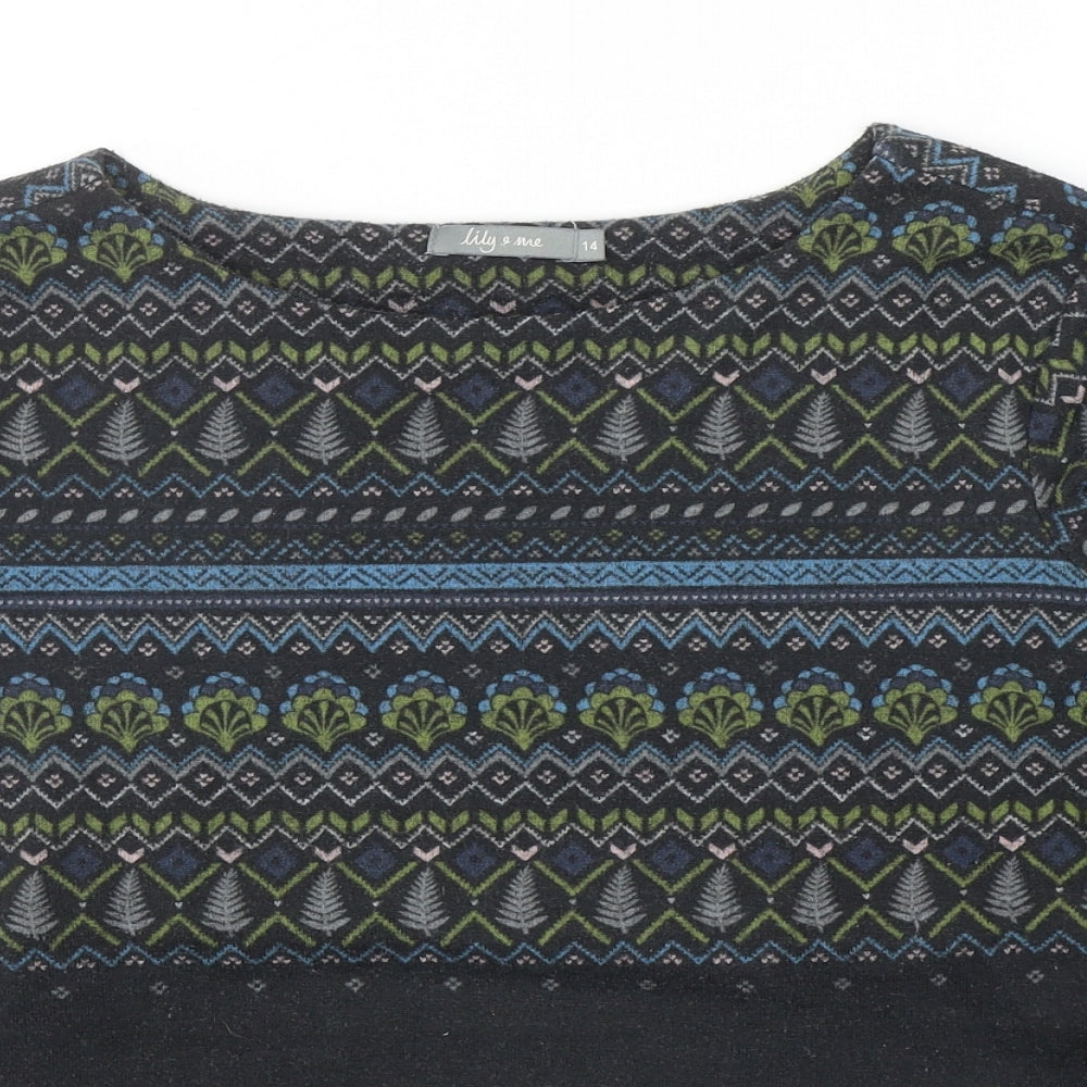 Lily & Me Womens Black Round Neck Fair Isle Polyester Pullover Jumper Size 14