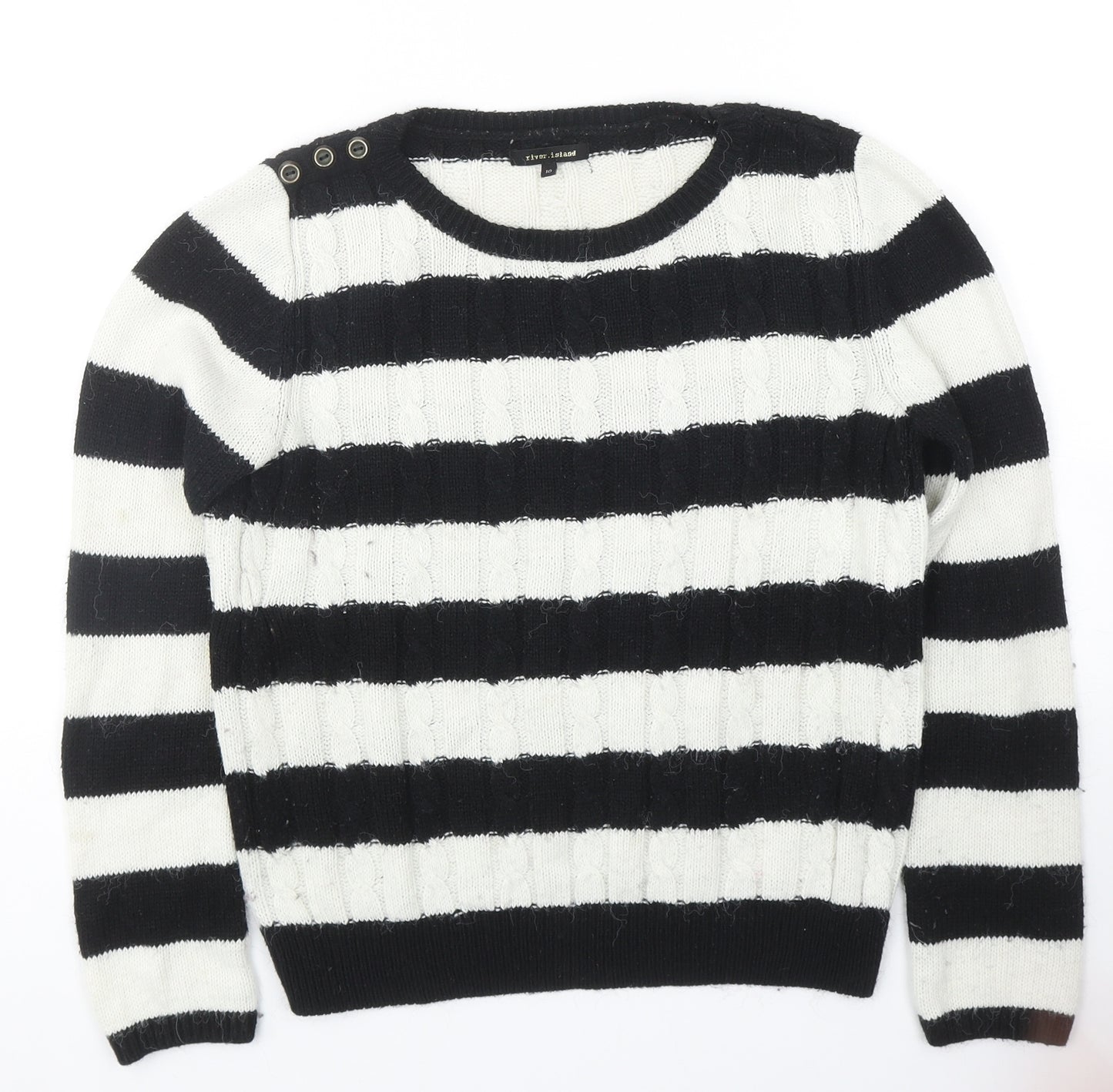 River Island Womens Black Round Neck Striped Acrylic Pullover Jumper Size 10