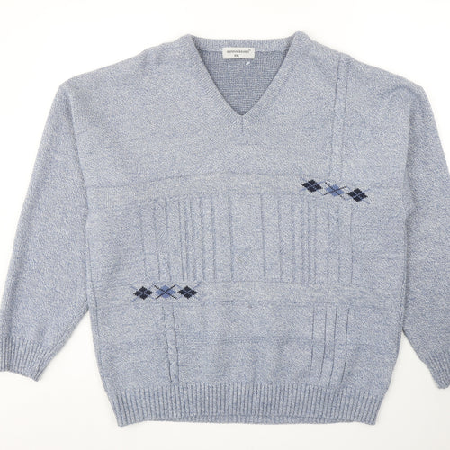 Bannockburn Mens Blue V-Neck Argyle/Diamond Acrylic Pullover Jumper Size 2XL Long Sleeve