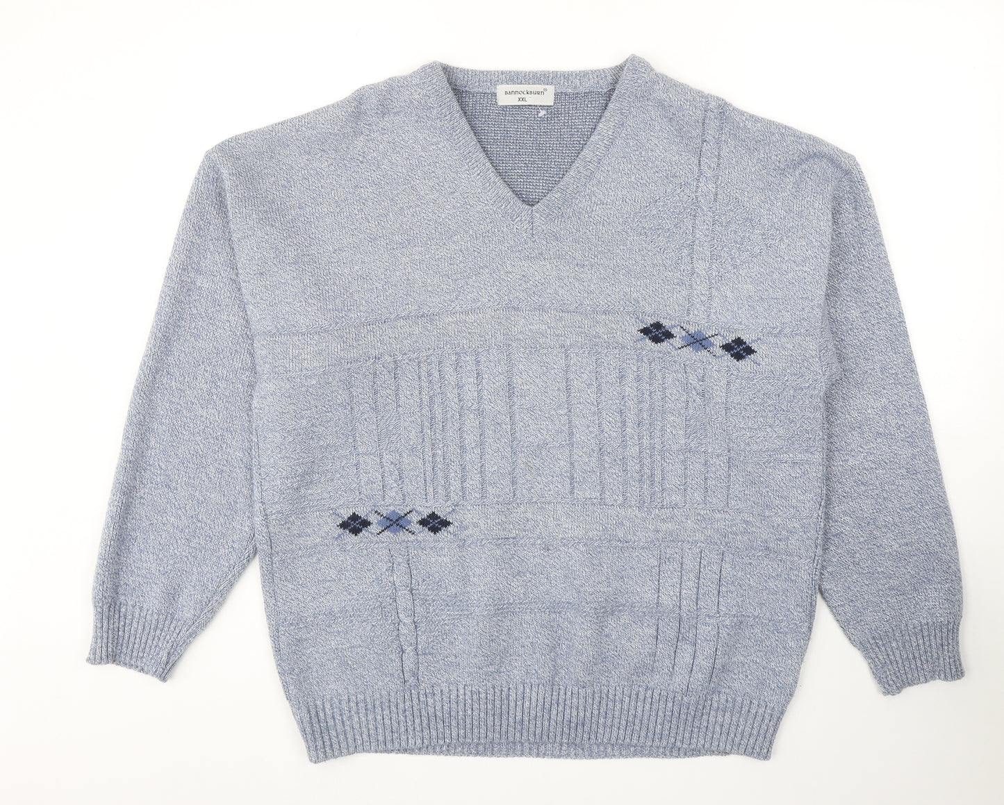 Bannockburn Mens Blue V-Neck Argyle/Diamond Acrylic Pullover Jumper Size 2XL Long Sleeve