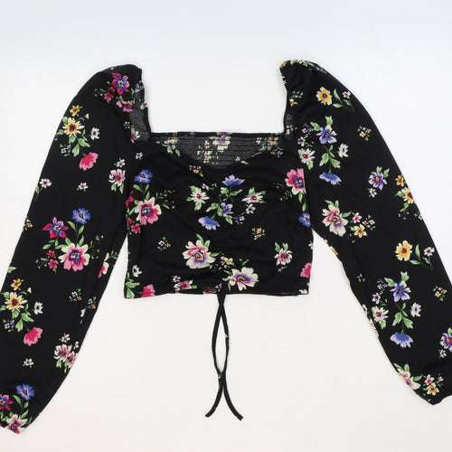 Preworn Womens Black Floral Polyester Cropped Blouse Size M Sweetheart - Front Ruched