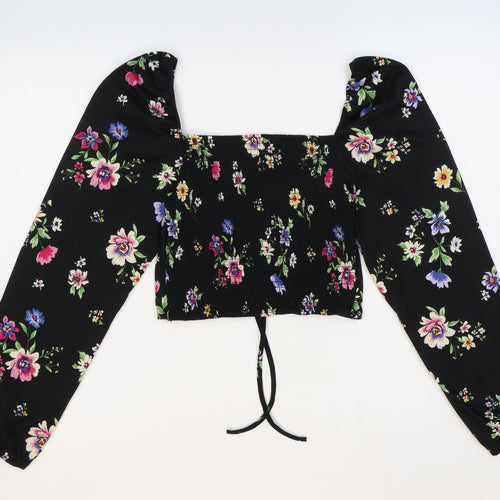 Preworn Womens Black Floral Polyester Cropped Blouse Size M Sweetheart - Front Ruched