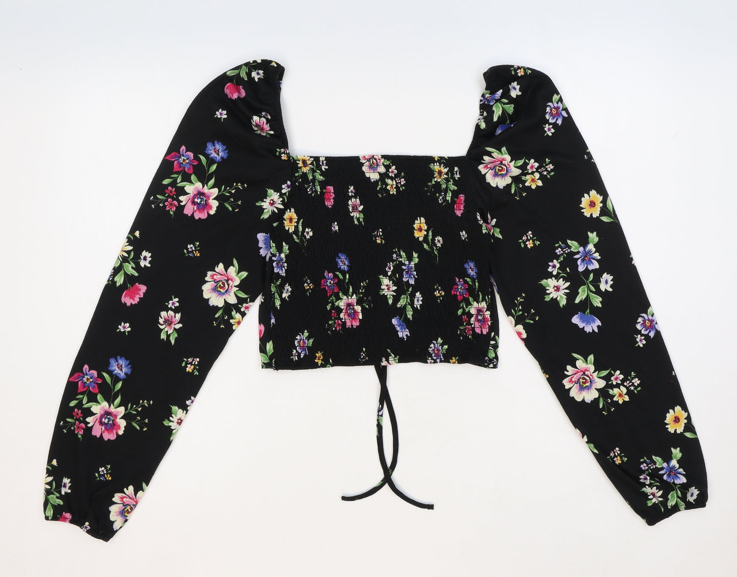 Preworn Womens Black Floral Polyester Cropped Blouse Size M Sweetheart - Front Ruched