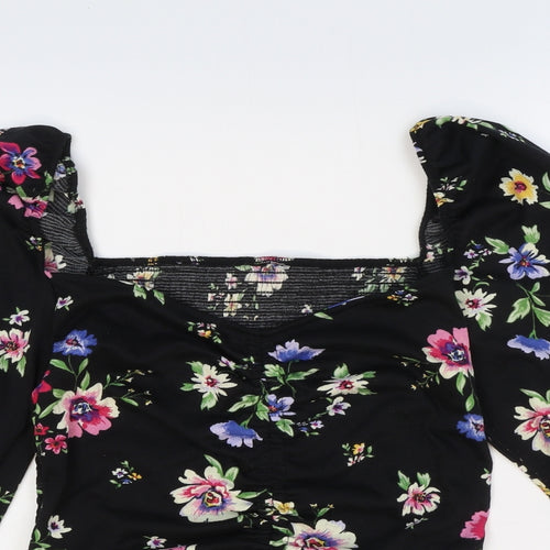 Preworn Womens Black Floral Polyester Cropped Blouse Size M Sweetheart - Front Ruched