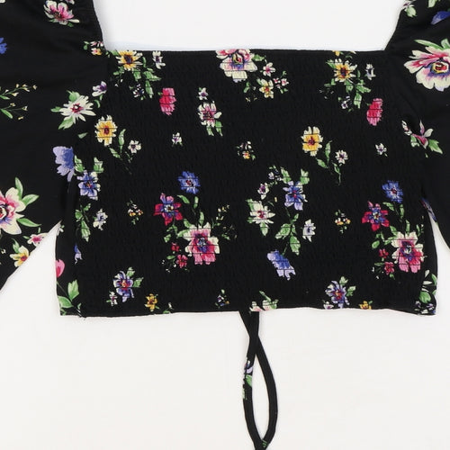 Preworn Womens Black Floral Polyester Cropped Blouse Size M Sweetheart - Front Ruched