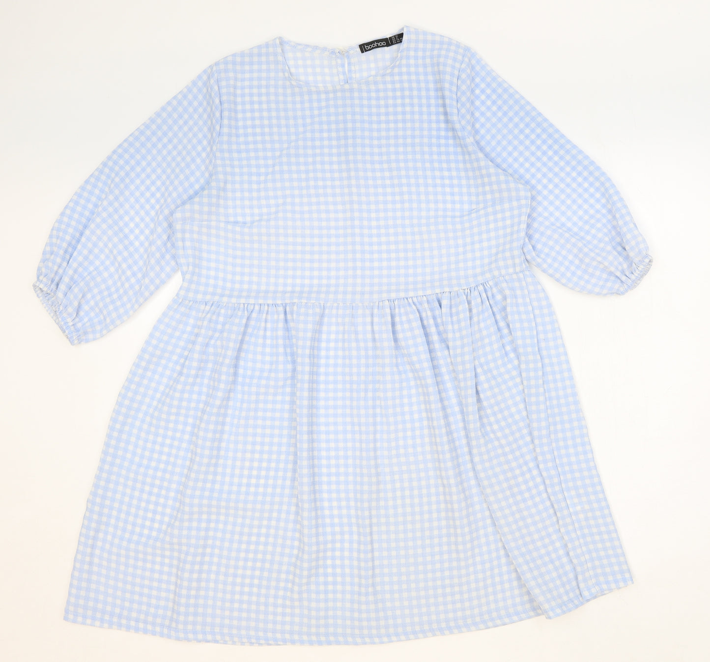 Boohoo Womens Blue Gingham Polyester Trapeze & Swing Size 12 Round Neck Button