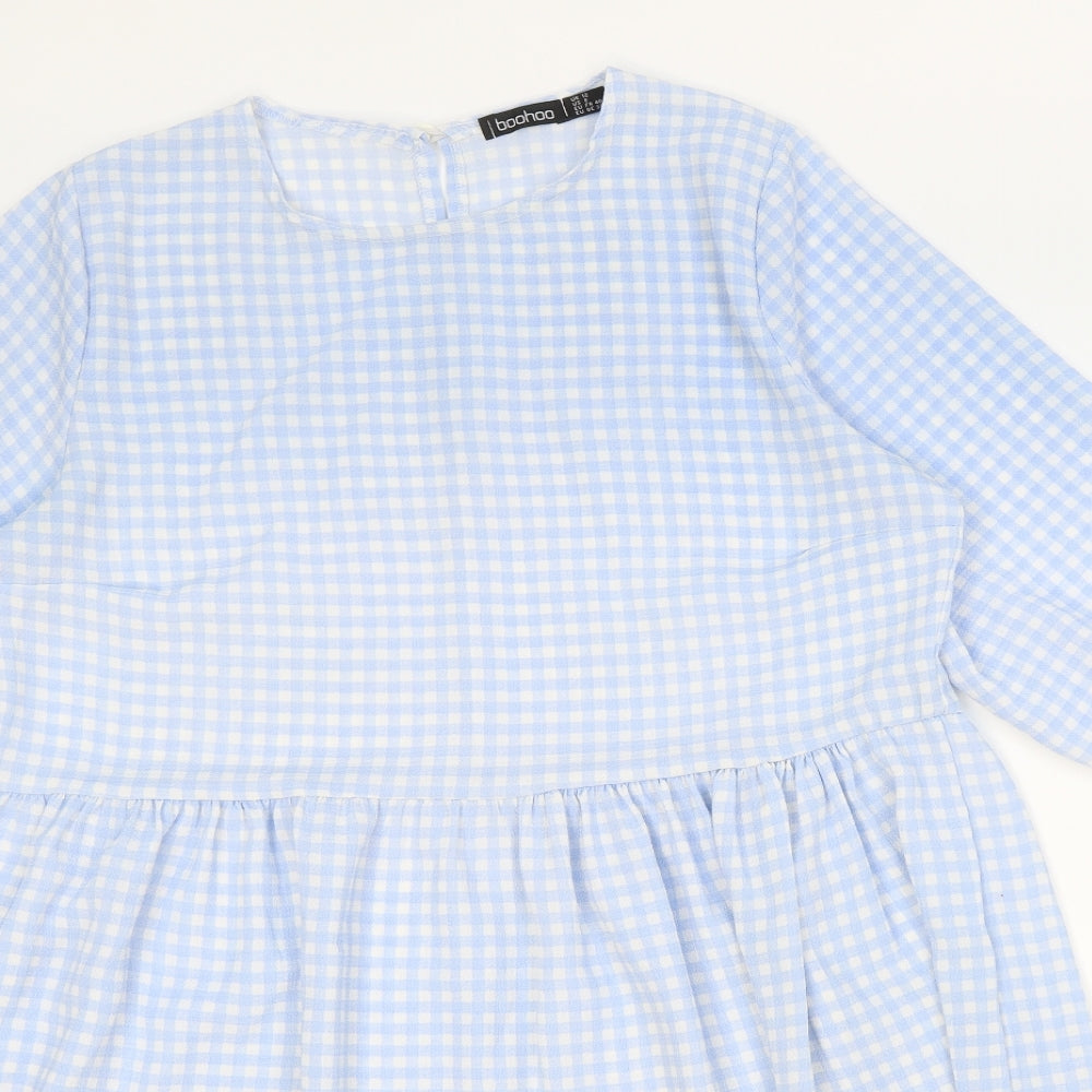Boohoo Womens Blue Gingham Polyester Trapeze & Swing Size 12 Round Neck Button