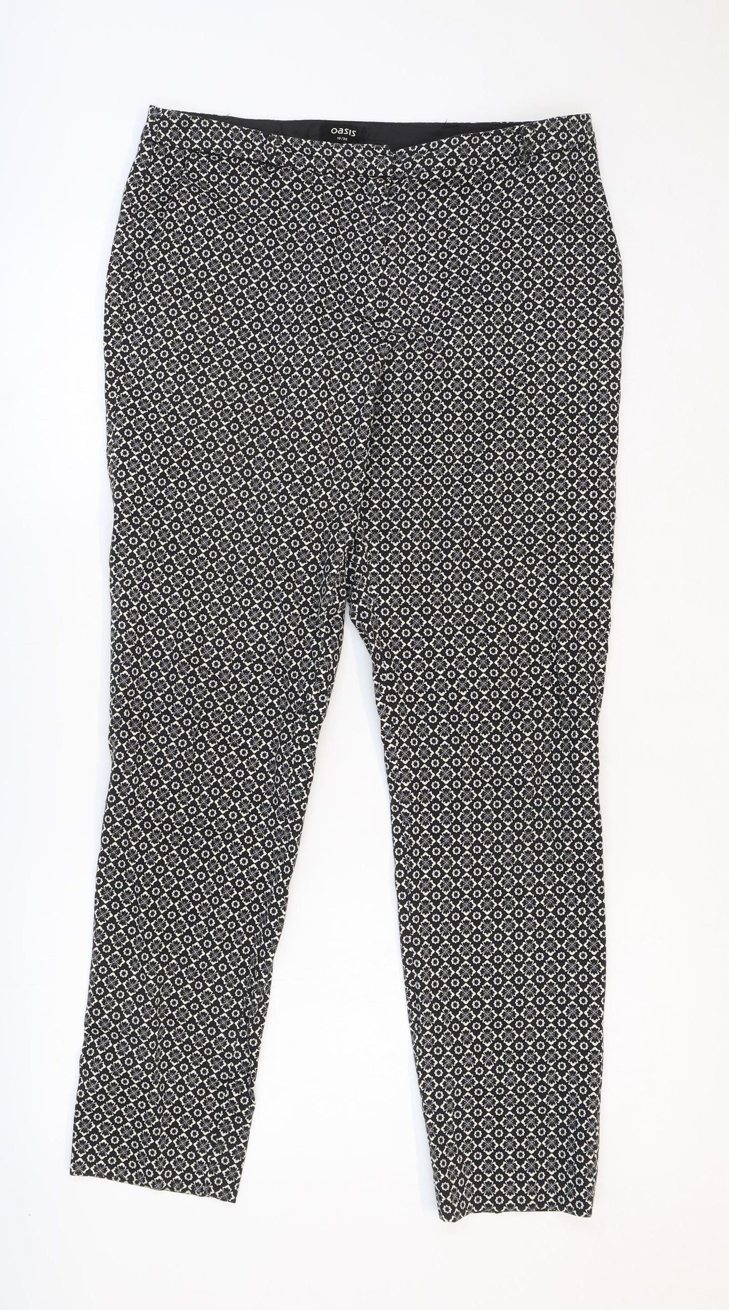 Oasis Womens Black Geometric Cotton Trousers Size 10 Regular Zip