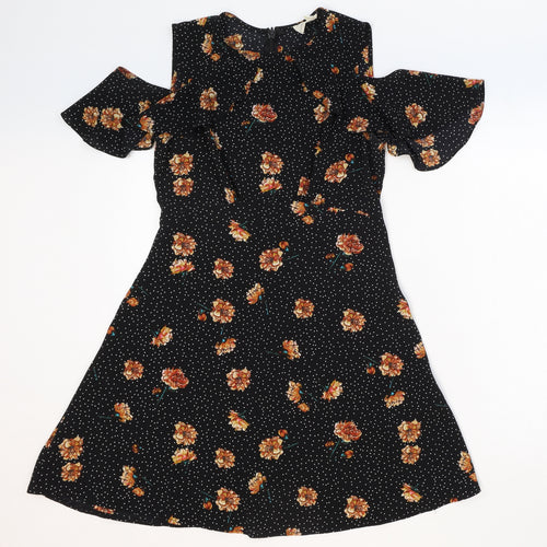Pins & Needles Womens Black Floral Polyester Fit & Flare Size M Round Neck Zip - Cold Shoulder
