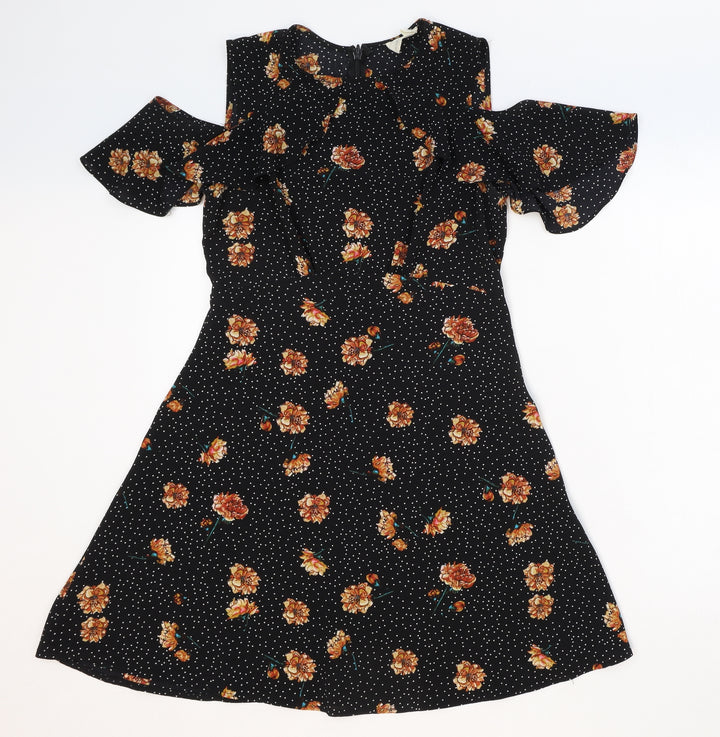 Pins & Needles Womens Black Floral Polyester Fit & Flare Size M Round Neck Zip - Cold Shoulder