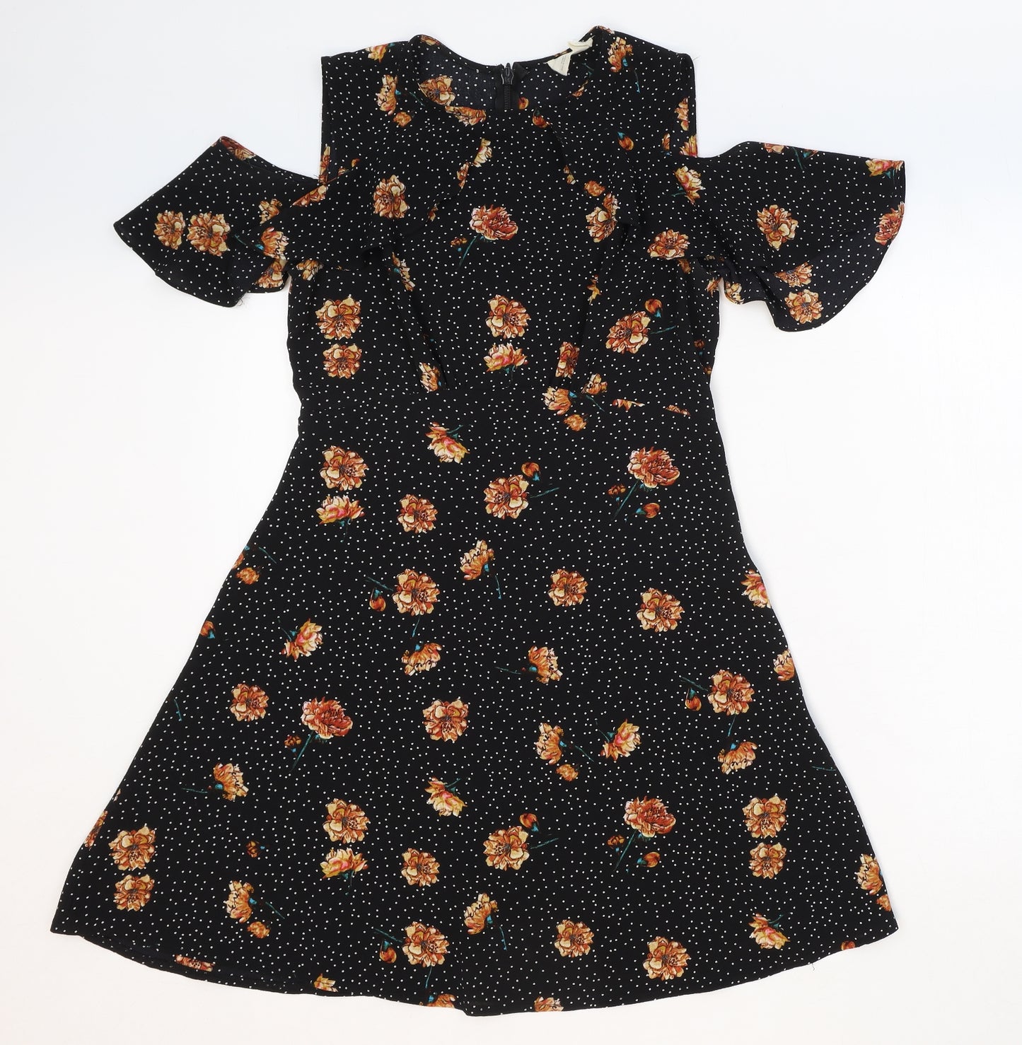 Pins & Needles Womens Black Floral Polyester Fit & Flare Size M Round Neck Zip - Cold Shoulder