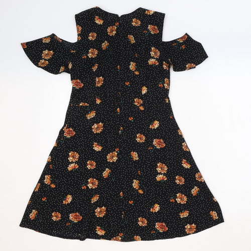 Pins & Needles Womens Black Floral Polyester Fit & Flare Size M Round Neck Zip - Cold Shoulder