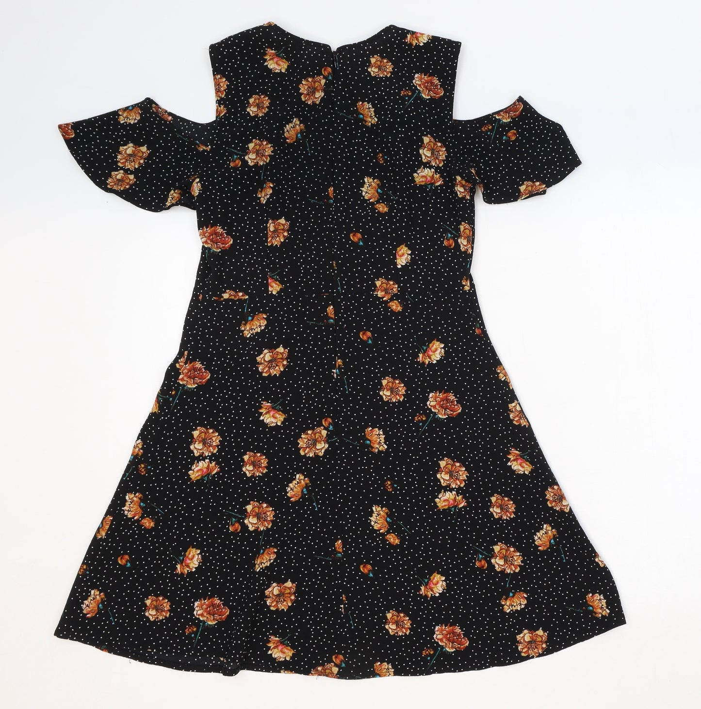 Pins & Needles Womens Black Floral Polyester Fit & Flare Size M Round Neck Zip - Cold Shoulder