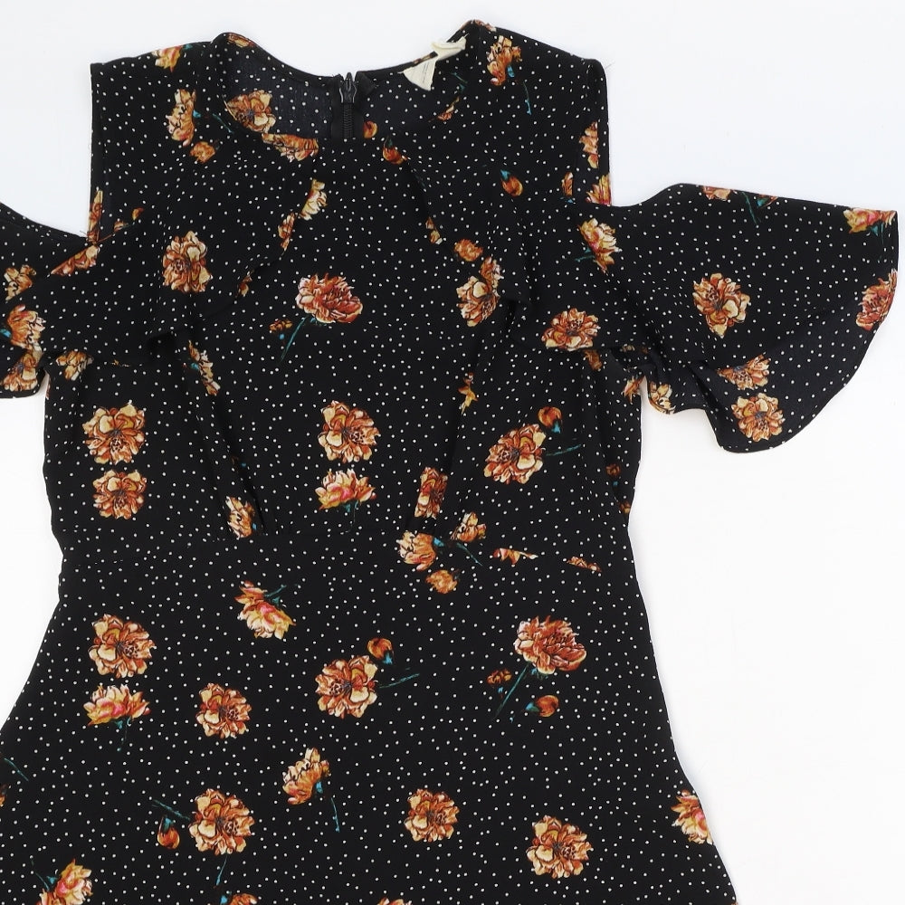 Pins & Needles Womens Black Floral Polyester Fit & Flare Size M Round Neck Zip - Cold Shoulder