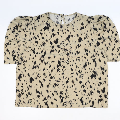 Emery Rose Womens Beige Geometric Polyamide Basic T-Shirt Size XL Round Neck