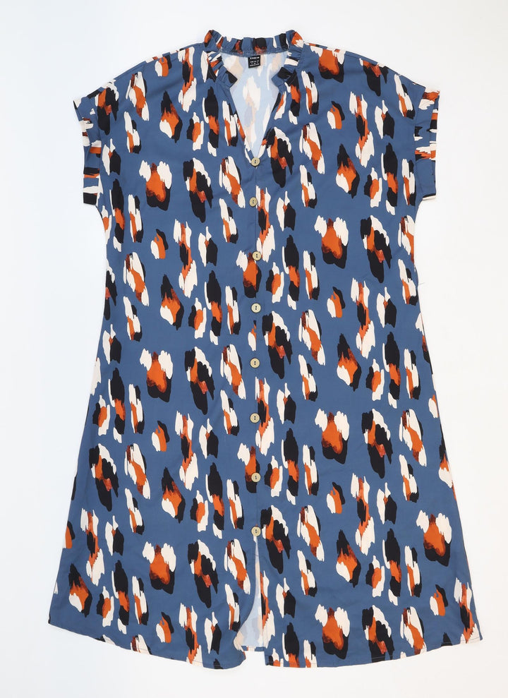 SheIn Womens Blue Geometric Polyester A-Line Size S V-Neck Button