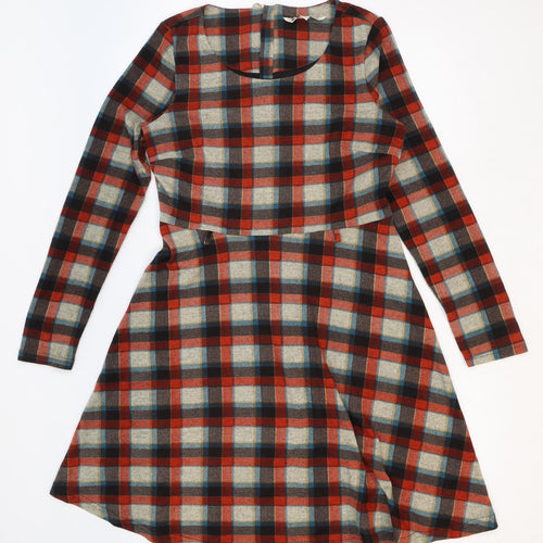Yumi Womens Red Plaid Polyester Fit & Flare Size 12 Round Neck Zip