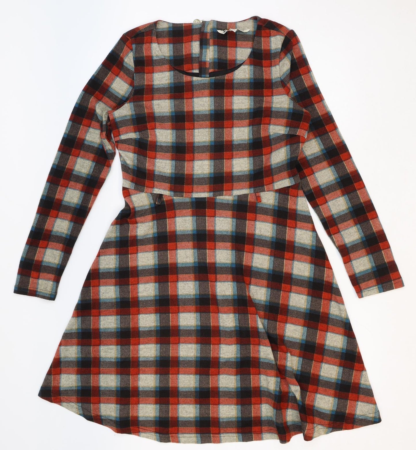 Yumi Womens Red Plaid Polyester Fit & Flare Size 12 Round Neck Zip