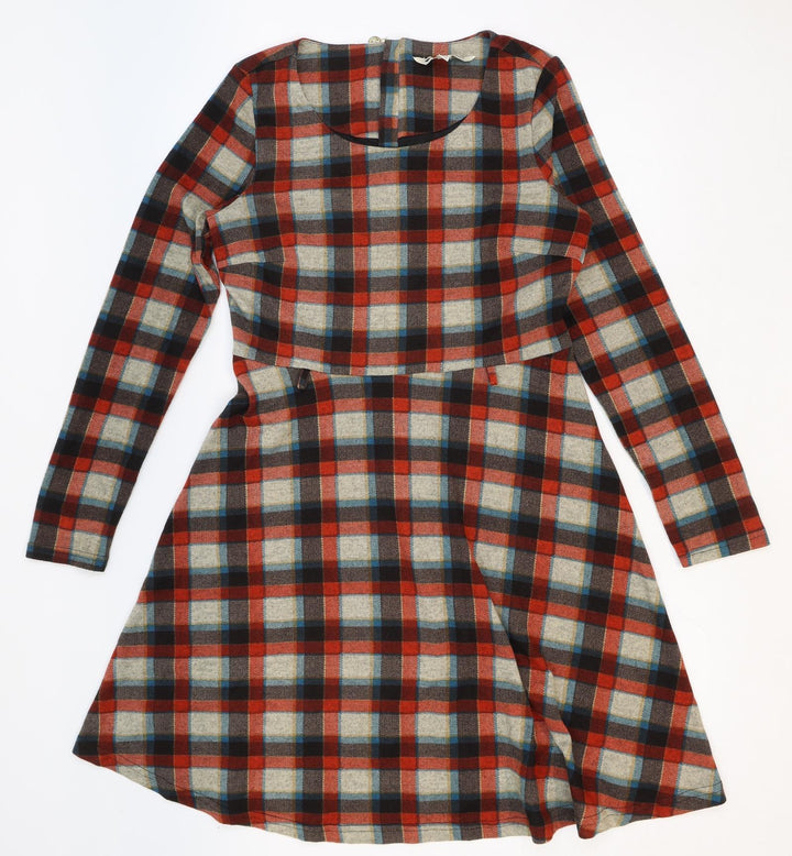 Yumi Womens Red Plaid Polyester Fit & Flare Size 12 Round Neck Zip