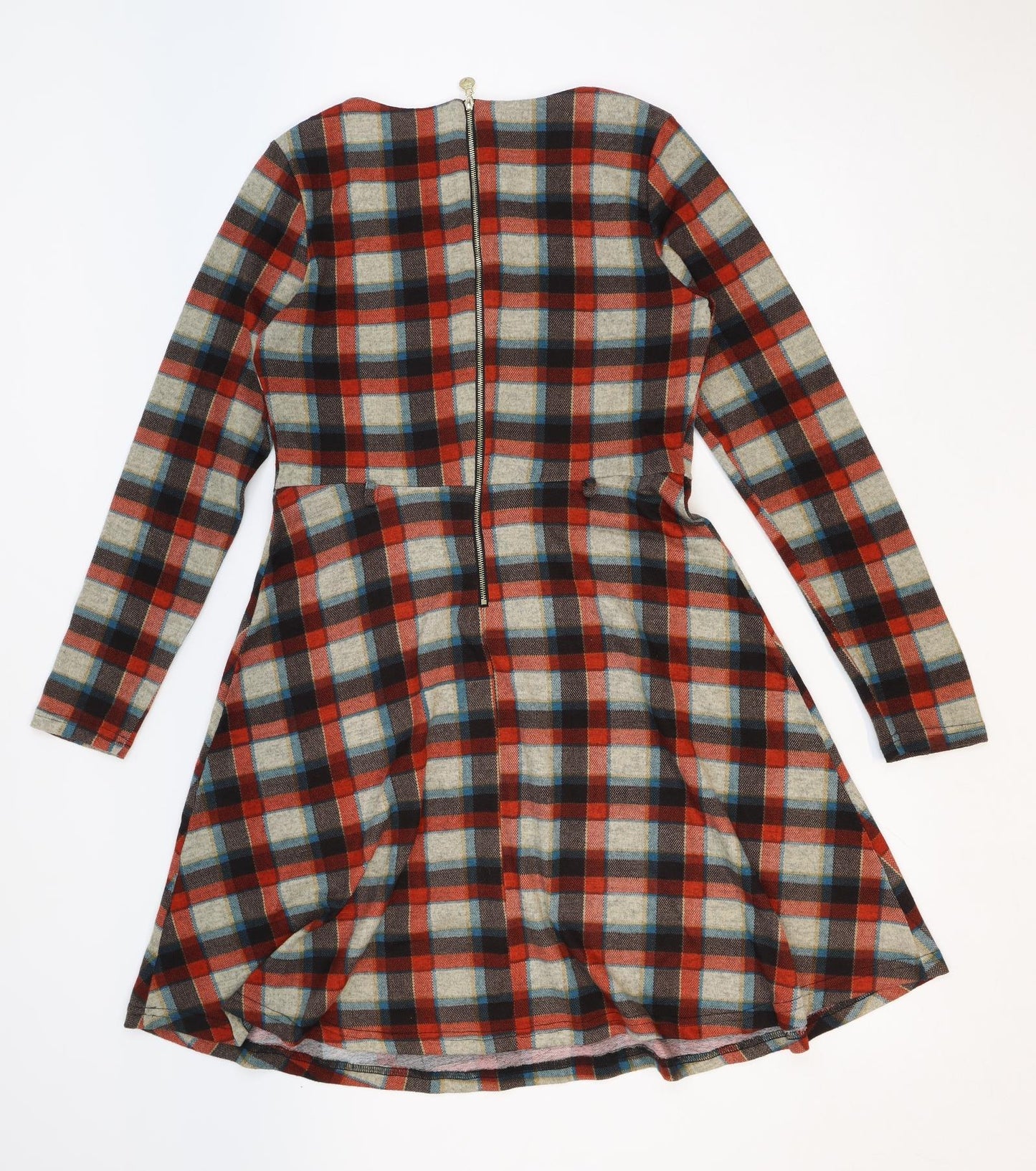 Yumi Womens Red Plaid Polyester Fit & Flare Size 12 Round Neck Zip