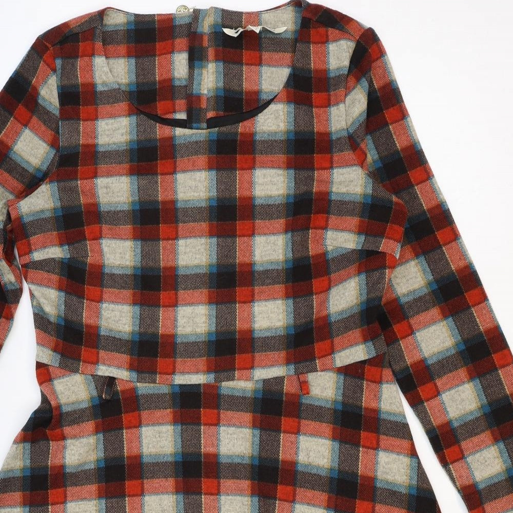 Yumi Womens Red Plaid Polyester Fit & Flare Size 12 Round Neck Zip
