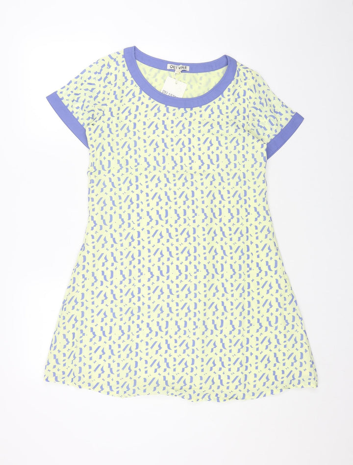 OEUVRE Womens Yellow Geometric Polyester T-Shirt Dress Size 10 Round Neck Pullover