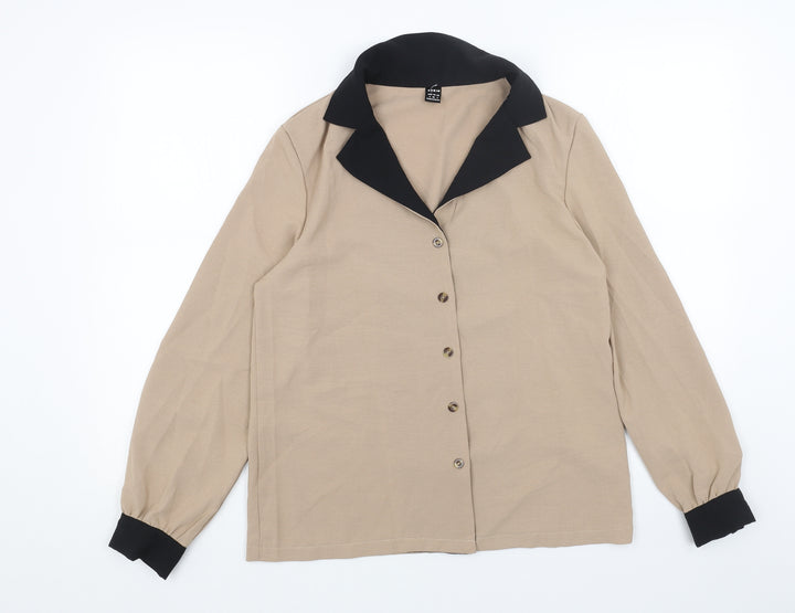 SheIn Womens Beige Polyester Basic Button-Up Size S Collared