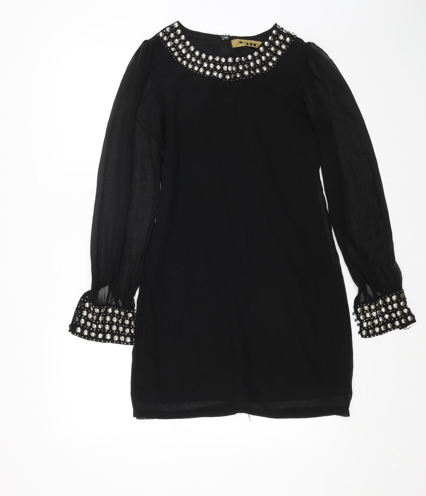 Preworn Womens Black Polyester A-Line Size 8 Round Neck Zip