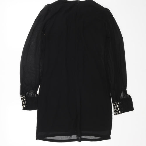 Preworn Womens Black Polyester A-Line Size 8 Round Neck Zip